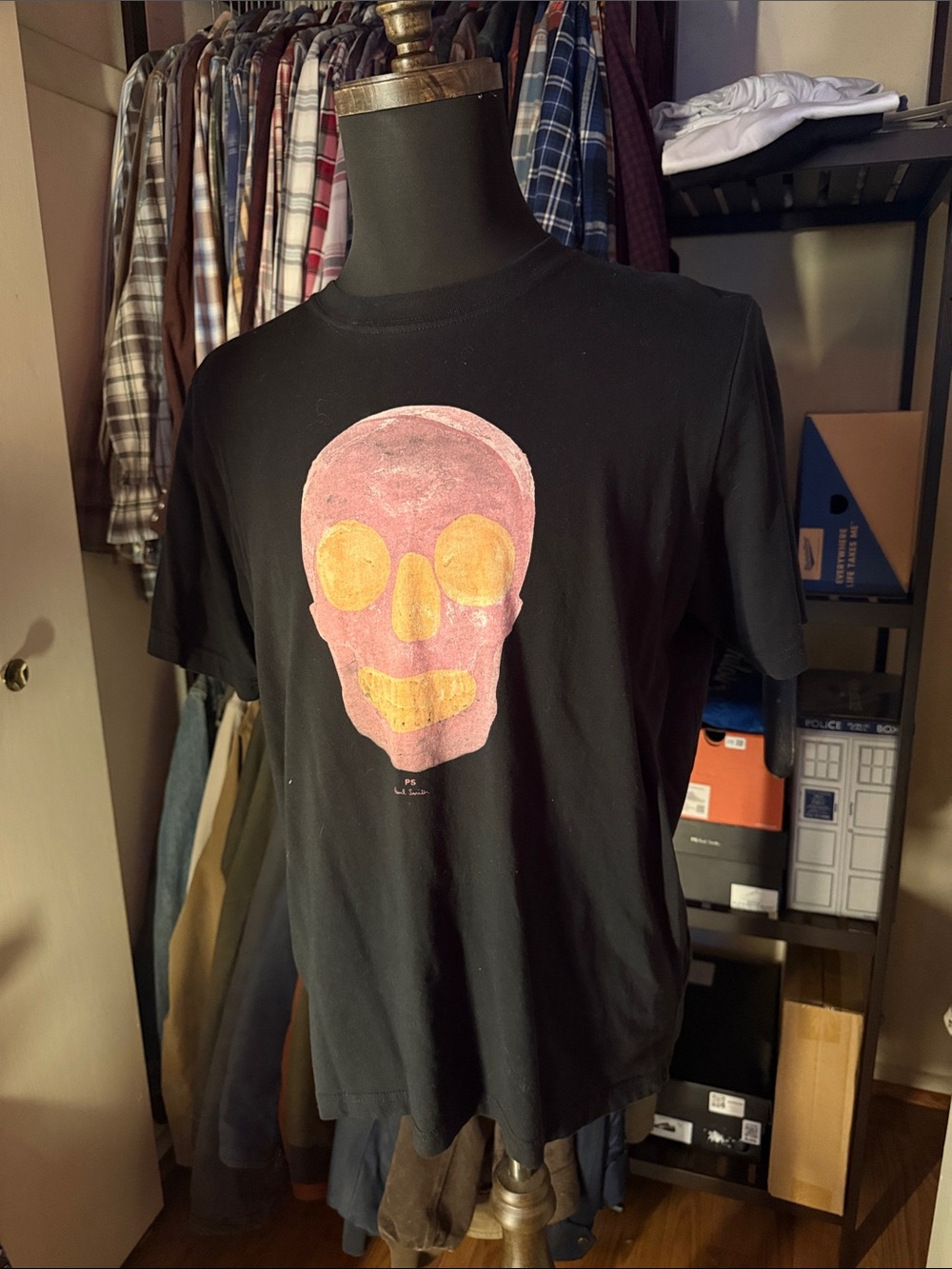 Paul Smith Men’s Black Graphic Tee with Pink & Yellow Skull - Extra Large
